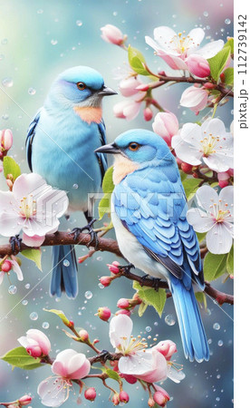 A pair of birds colorful feathers sit on a branch with spring apple flowers, close-up flowers on the branch A pair of birds colorful feathers sit on a branch with spring apple flowers, close-up flowers on the branch 112739142