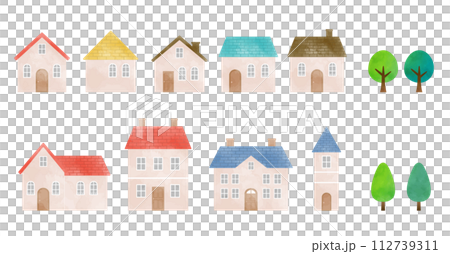 Cute house illustration set_townscape background material_watercolor 112739311