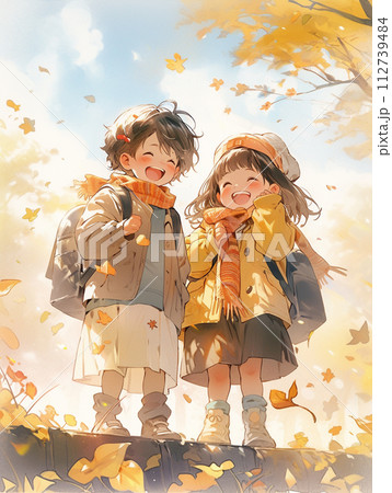 秋の風に吹かれる女の子達 112739484