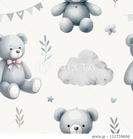Seamless watercolor Teddy Bear pattern with pastel background color. Seamless watercolor Teddy Bear pattern with pastel background color. 112739686