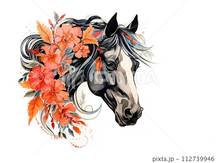 A painting a black horse head with colorful tropical flowers. Wildlife Animals. A painting a black horse head with colorful tropical flowers. Wildlife Animals. 112739946