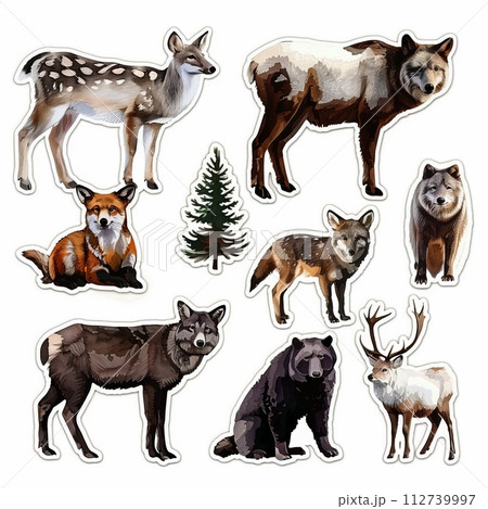 AI-generated content. A watercolor painting of a deer, elk, fox, wolf, bear, and two pine trees on a white background. 112739997