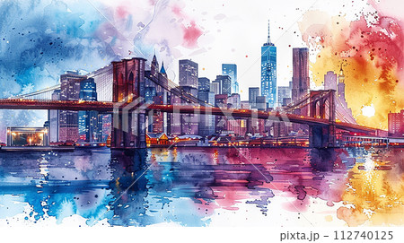 Watercolor touristic postcard, view of Brooklyn Bridge Watercolor touristic postcard, view of Brooklyn Bridge 112740125