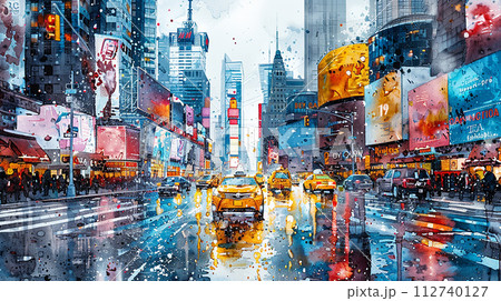 Watercolor touristic postcard, view of Broadway 112740127