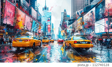 Watercolor touristic postcard, view of Broadway Watercolor touristic postcard, view of Broadway 112740128