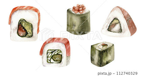 Watercolor seafood set with japanese sushi with salmon, sashimi and rolls set. Hand drawn seafood illustration , fresh food for restaurant, cafe, menu design. 112740329