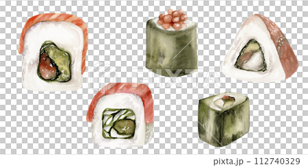 Watercolor seafood set with japanese sushi with salmon, sashimi and rolls set. Hand drawn seafood illustration , fresh food for restaurant, cafe, menu design. 112740329