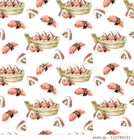 Watercolor traditional japanese sea food seamless pattern. Food background with sushi and sashimi with salmon on wooden boat plate for menu,restaurant, cafe, packing design Watercolor traditional japanese sea food seamless pattern. Food background with sushi and sashimi with salmon on wooden boat plate for menu,restaurant, cafe, packing design 112740331