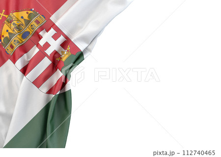 Flag of Hungary with coat of arms in the corner on white background. Isolated. 3D Rendering Flag of Hungary with coat of arms in the corner on white background. Isolated. 3D Rendering 112740465