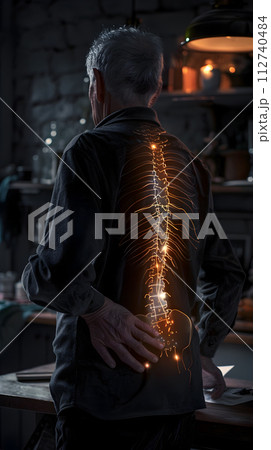 AI-generated content. Pain concept - senior man suffering from back pain at home, pain is visualized as glowing spine 112740484