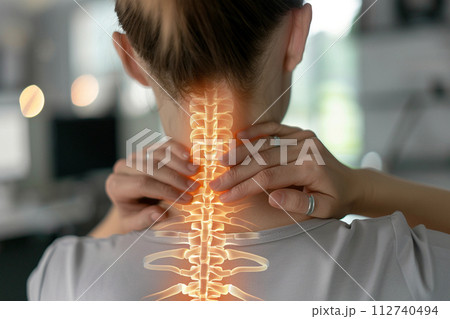 AI-generated content. Pain concept - female suffering from neck pain. Pain is visualized with glowing spine 112740494