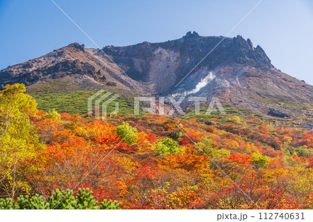 （栃木県）茶臼岳（那須岳）　紅葉最盛期の姥ヶ平から山頂を見上げる 112740631