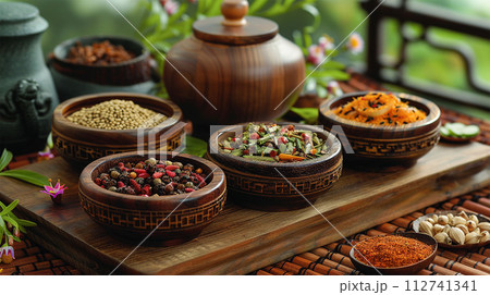Herbs and equipment are used for Traditional Chinese Medicin 112741341