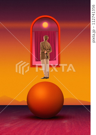 Man in retro suit balancing on sphere under archway with curtains, matching the surreal sunset. Contemporary art collage. Man in retro suit balancing on sphere under archway with curtains, matching the surreal sunset. Contemporary art collage. 112741356