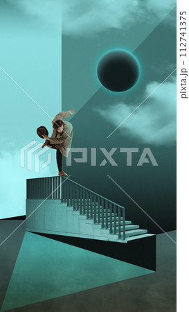 Person balancing on staircase railing under an eclipse, abstract geometric shapes. Contemporary art collage. Modern surrealistic work 112741375