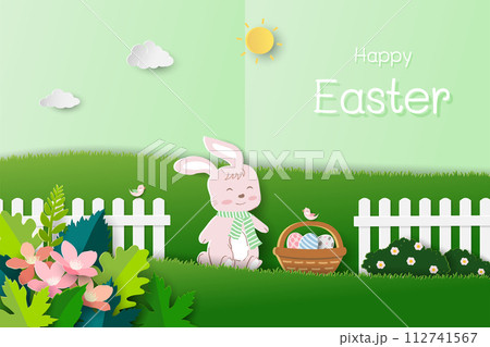 Happy Easter background with cute bunny and easter eggs in the garden 112741567