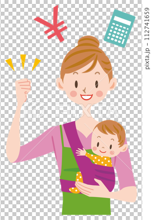 年輕的母親和嬰兒,母親努力處理家庭財務 年輕的母親和嬰兒,母親努力處理家庭財務 112741659