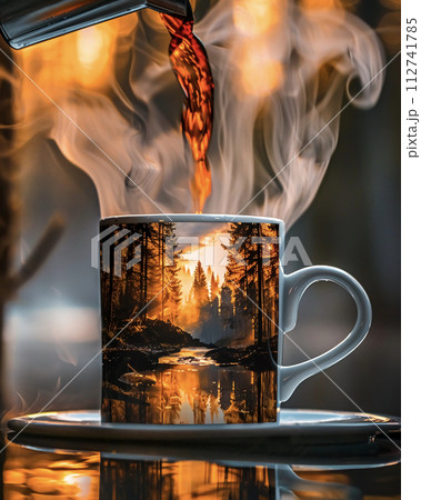 A dynamic close-up shot of pouring fresh coffee from a percolator into a mug 112741785