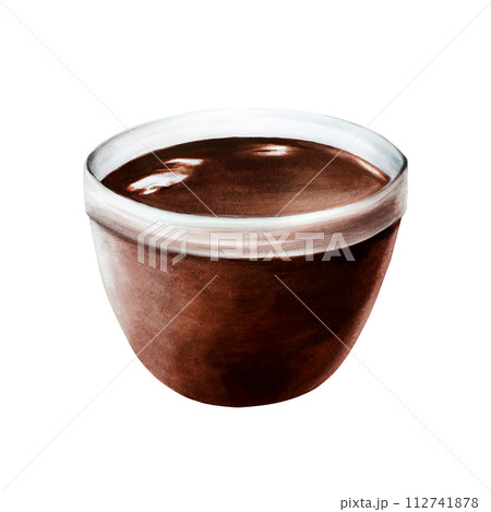 Watercolor brown glass bowl of liquid melted chocolate or soy sauce. Hand drawn realistic coffee illustration isolated on white background. For designers, packaging design, menu, decoration, postcards Watercolor brown glass bowl of liquid melted chocolate or soy sauce. Hand drawn realistic coffee illustration isolated on white background. For designers, packaging design, menu, decoration, postcards 112741878