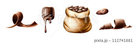 Watercolor set of curl slices of chocolate, cocoa beans in a canvas bag and melted liquid chocolate. Hand drawn coiled sweet delicious realistic illustration isolated on white background. For Watercolor set of curl slices of chocolate, cocoa beans in a canvas bag and melted liquid chocolate. Hand drawn coiled sweet delicious realistic illustration isolated on white background. For 112741881