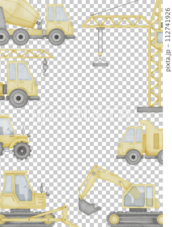 Watercolor Template with Tracks, Cars and Tractors for Baby shower greeting card or childish birthday invitations. Frame with building machines for childish poster. Border with excavator and bulldozer Watercolor Template with Tracks, Cars and Tractors for Baby shower greeting card or childish birthday invitations. Frame with building machines for childish poster. Border with excavator and bulldozer 112741926