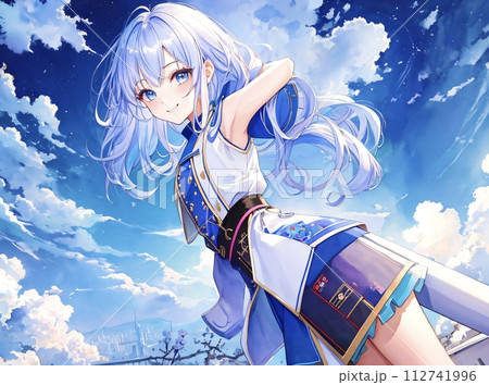 美少女 イラスト 水色の髪 ロングヘアーのイラスト素材 [112741996