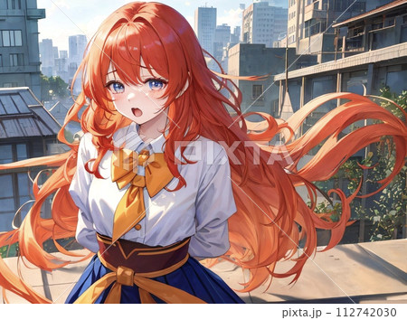 美少女 イラスト オレンジ色の髪 ロングヘアーのイラスト素材