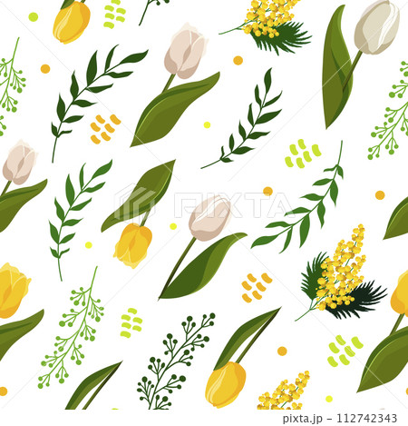 Seamless vector pattern with white tulips and yellow mimosa. Flat design with flowers for textile 112742343