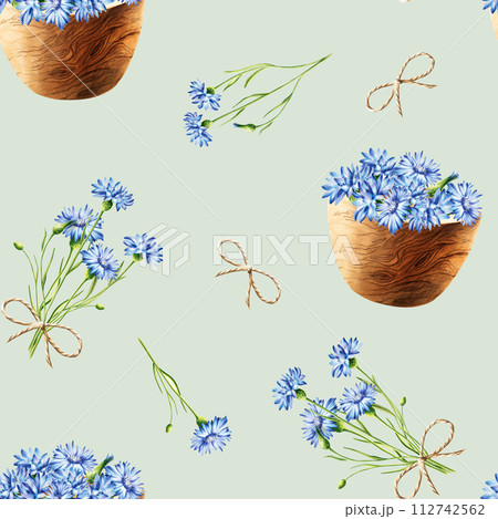 Watercolor seamless pattern with wooden mortars with cornflowers and twine bows isolated on white background. Beauty products and botany elements, cosmetology and medicine. For designers, spa 112742562