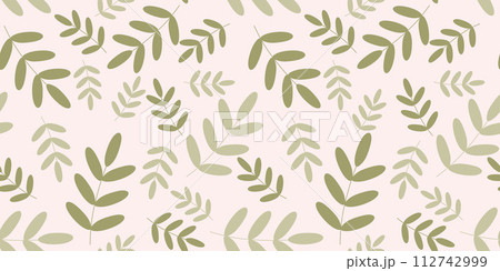 Green Flat Leaves Seamless Pattern. Endless Vector Background. Cartoon Botany Illustration, Floral Nature Template for Textile, Fabric, Wrapping paper, Covering, Wallpaper. Decorative Backdrop. 112742999