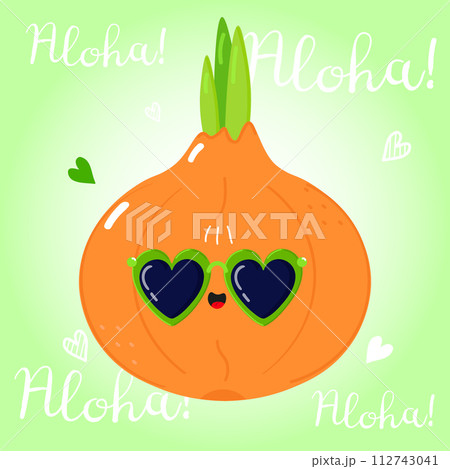 Cute funny Onion character. Vector hand drawn cartoon kawaii character illustration icon. Isolated on green background. Onion character concept. Aloha card 112743041