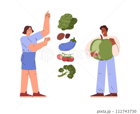 People counting calorie vector illustration, cartoon quality analysis tracking for organic and diet products, vegetables 112743730