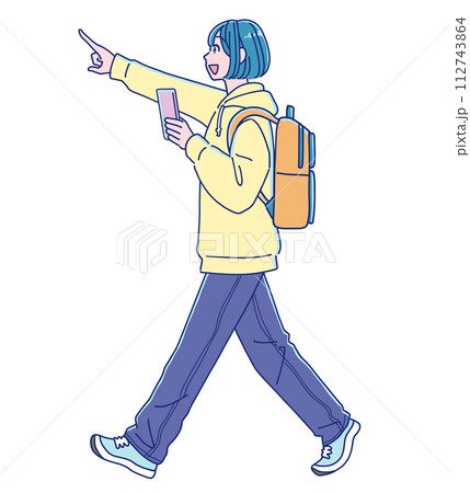 前を指差して歩くアニメ風の女の子 前を指差して歩くアニメ風の女の子 112743864