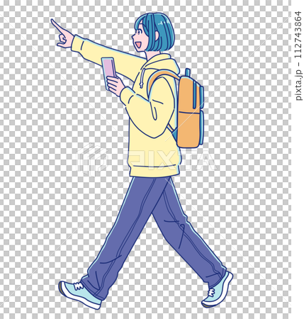 前を指差して歩くアニメ風の女の子 前を指差して歩くアニメ風の女の子 112743864
