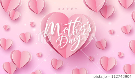 Happy Mother's Day Banner or Postcard with Paper Hearts and Typography Letter on Pink Background. Vector Mom Celebration Design with Symbol of Love for Greeting Card, Flyer, Invitation, Brochure Happy Mother's Day Banner or Postcard with Paper Hearts and Typography Letter on Pink Background. Vector Mom Celebration Design with Symbol of Love for Greeting Card, Flyer, Invitation, Brochure 112743904