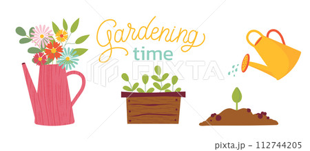 Gardening time set of illustration. Watering can, plants, vegetables, sprout. Spring gardening concept. Vector illustrations on white background for poster, icon, card, logo, label Gardening time set of illustration. Watering can, plants, vegetables, sprout. Spring gardening concept. Vector illustrations on white background for poster, icon, card, logo, label 112744205