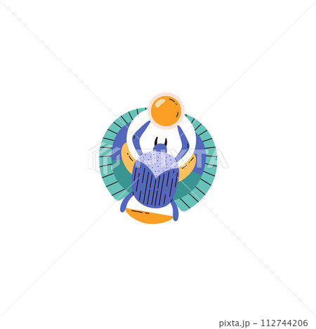 Scarab beetle with decorative wings and sun disc, vector cartoon ancient Egyptian mythology bug beetle creature symbol 112744206