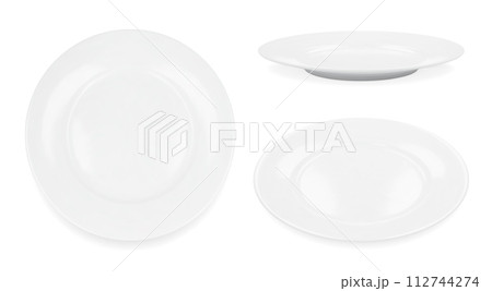 Set of 3 white round empty plates, side view iand top view Set of 3 white round empty plates, side view iand top view 112744274