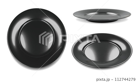 Set of 3 black round empty plates, side view iand top view 112744279