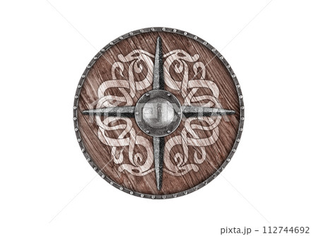 Old viking wooden round shield isolated on white background 112744692