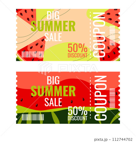 Summer discount layout template special sale offer. Decorated with watermelon slices. Bright trendy colors for flyer banner seasonal sale. Vector illustration 112744702