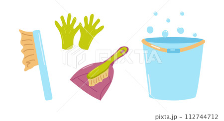 Cleaning service supplies and cleaning product set. Bucket brush gloves and dustpan. Chemicals and equipment for sanitary treatment. For poster cleaning company household chemicals store. Vector. 112744712