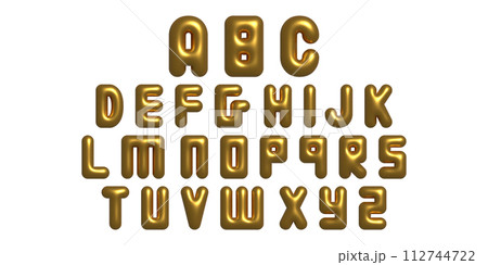 3D letters the English alphabet Y2K style. Font bubbles. Gold Metal Letters for Holiday Birthday Party. 112744722