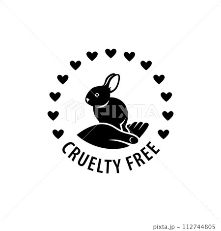 Cruelty free icon. Not tested on animals logo sticker for animal friendly product packaging. Cute little rabbit with text in circle. Vegan eco cosmetics ingredients list. Black and white illustration Cruelty free icon. Not tested on animals logo sticker for animal friendly product packaging. Cute little rabbit with text in circle. Vegan eco cosmetics ingredients list. Black and white illustration 112744805