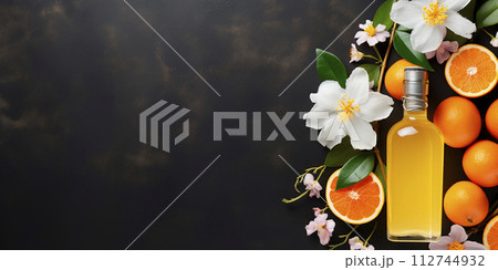 Flat lay, bottle of essential orange oil with space for text Flat lay, bottle of essential orange oil with space for text 112744932