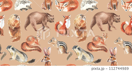 Cute squirrel, groundhog, bear, fox, hare, hedgehog, chipmunk. Forest little animals repeat seamless pattern. Watercolor hand paint illustration. Ideal wallpaper or baby fabric design. Cute squirrel, groundhog, bear, fox, hare, hedgehog, chipmunk. Forest little animals repeat seamless pattern. Watercolor hand paint illustration. Ideal wallpaper or baby fabric design. 112744989