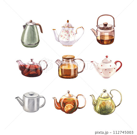 Set different of the teapots of tea, kettle, glass with infuser and with lemon or citrus. Watercolor hand-drawn illustration isolated on white background. Perfect for recipe lists with drinks for cafe 112745003