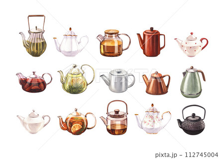 Set different of the teapots of tea, kettle, glass with infuser and with lemon or citrus. Watercolor hand-drawn illustration isolated on white background. Perfect for recipe lists with drinks for cafe 112745004