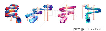 Waterslide and tubes of aquapark color vector icon big set Waterslide and tubes of aquapark color vector icon big set 112745319