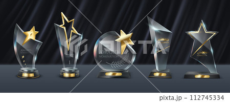 Shining glass trophies with stars vector illustration set Shining glass trophies with stars vector illustration set 112745334
